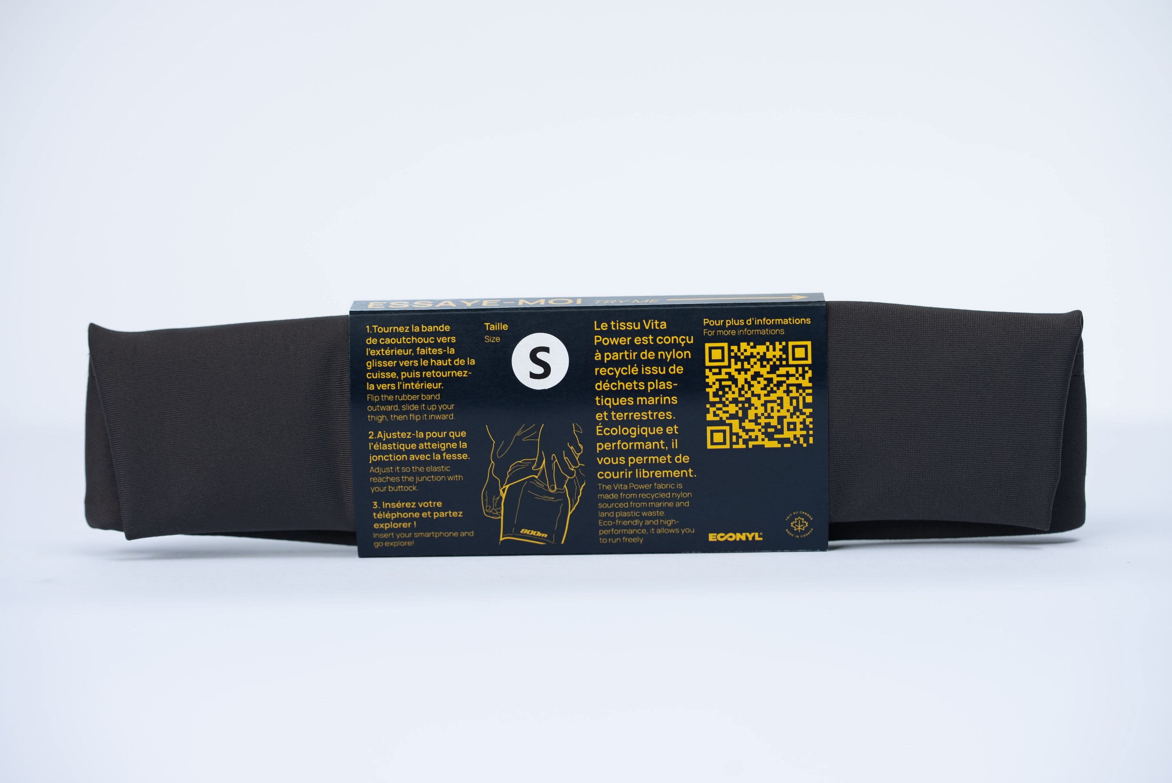 Back of 800m THIGHBAND running phone holder packaging, size S.